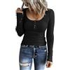 BKEPDY Maglietta a Manica Lunga Donna Maglia a Coste Girocollo T-Shirt con Bottoni T-Shirt Bluse Casual Elegante Nero Top Camicetta Pullover con Scollo Scoop