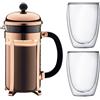 Bodum Chambord Set di Caffettiera a pistone rame 1 L e Pavina vetro 2 pezzi 0,35 l