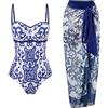 ORANDESIGNE Costumi Interi da Bagno Donna Scollo a V Costumi da Bagno con Coppe Imbottiti Push Up Costume Contenitivo Pancia Curvy Beachwear Monokini Bikini Set Stampati Swimwear H Blu L