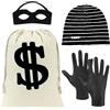 BTHRORO 4 pezzi Set di Costume di Ladro, Borsa per Soldi in Dollari, Maschera per Gli Occhi del Bandito Berretto in Maglia Beanie e Guanti per Bambini in Tema Pirata Ladro, Rapinatore di Banche Party a Tema