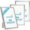 PHOTOLINI Cornici A4 21x30 cm argento legno MDF, set di 3 cornici per poster, plexiglass infrangibile, da tavolo o da parete, accessori extra inclusi - per foto, immagini e poster