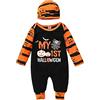 Siyova Completo Neonato Halloween Tuta a Maniche Lunghe+Cappello Pagliaccetto Bambino Forma Pipistrello Tutina con Stampa Teschio Zucca Vestito Neonati Il Mio Primo Halloween (Nero D, 6-12 Mesi)