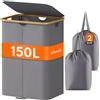 Lifewit Cesto Portabiancheria Salvaspazio, Cesta Biancheria Sporca con Coperchio, Porta Biancheria Sporca Slim per Bagno, Laundry Basket per Camera da Letto, Bagno, Lavanderia, 150 L, Grigio