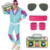 BIQIQI Costumi anni '80 anni '90 Uomo Donna, Costume da Tuta anni '80 Tuta Retrò con Occhiali da Pilota Fascia per polsini Gonfiabile Boom Box, Costume Anni '80 per Feste di Carnevale Halloween (L)