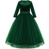 IMEKIS Ragazze di Fiore Abito da Ballo Formale Manica 3/4 Velluto Principessa Damigella d'Onore Festa Nuziale Compleanno Tulle Tutu Bowknot Maxi Abito da Lungo Spettacolo Verde 7-8 Anni