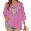 Vakakado Clothing Hippie Folk Bohemian Ricamato 3/4 Maniche 3/4 Collo Rotondo Casual Autunno Tops Donna(438,Rosa,XL)