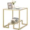 COSTWAY Tavolino da Salotto Quadrato 56CM, Tavolino Laterale a 2 Livelli con Telaio Dorato in Metallo e Piano in Vetro Temperato, Tavolino Moderno con Ripiano da Salotto, Camera da Letto e Studio