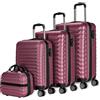 NUMADA - Set di valigie 4pzs (53/63/75cm) e borsa da toilette Bordeaux, ABS Resistente, Leggero con 4 ruote doppie e lucchetto combinazione laterale
