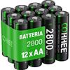 OOHHEE Batterie AA Ricaricabili 12 Pezzi, 1200 Tech aa Batterie, Ni-MH 2800mAh HR06 Batteria, Bassa autoscarica 1.2V AA Batteria, con 3 x Scatole di Protezione Batteria