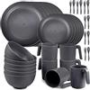 Greentainer Set di stoviglie infrangibili per 6 persone, piatti e ciotole da campeggio, set di stoviglie da picnic in plastica, piatti da portata leggeri, ciotole, tazze, posate, forchette, stoviglie (grigio)