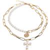 Urban Classics Pearl Cross Layering Necklace - Collana con maglia a maniche lunghe, colore: Bianco perla/oro, taglia unica