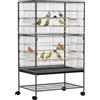 PawHut Gabbia per Uccelli da Interni in Acciaio e Legno con Vassoio Estraibile, 4 Ruote, Trespolo e Contenitore， 78x52x132cm, Grigio Scuro|Aosom