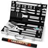 Grilliance Set di 26 accessori per barbecue in acciaio inox di alta qualità, set di posate da barbecue, perfetto come regalo per uomini, con valigetta portatile e termometro per carne, colore argento