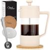 Milu French Press - Caffettiera in vetro, 350 ml, 600 ml, 1 l, per casa, viaggi, campeggio, con sottobicchiere, cucchiaio, filtro di ricambio (beige, 1000 ml (5 tazze)
