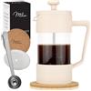 Milu French Press - Caffettiera in vetro, 350 ml, 600 ml, 1 l, per casa, viaggi, campeggio, con sottobicchiere, cucchiaio, filtro di ricambio (beige, 350 ml (2 tazze)