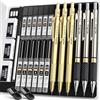 Nicpro 6 Pezzi Metallo Matite Meccaniche Set, Art Matite 0,5 mm, 0,7 mm 0,9 mm e 2mm (2B HB 2H), Portamine con 12 Tubo Mine, Gomma, Temperamatite, Astuccio Per Artista Disegno Scrittura Schizzi(Oro)
