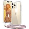 OLEPHY Trasparente Cover con Cordino per iPhone 15 Pro 6,1'', Oro Rosa | Custodia con Regolabile e Rimovibile Collana, Protezione Completa [Antiurto] [AntiGraffio] Case con Laccio Tracolla,
