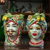 CERAMICHE CALTAGIRONE Teste di moro siciliane in ceramica di Caltagirone Uomo-Donna Moro Decoro Frutta H. 28 cm