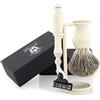 Haryali London Set da barba da uomo con rasoio a 3 bordi, pennello da barba in tasso bianco e supporto