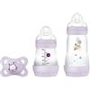 MAM Easy Start Anti-Colic Starter Set S, kit iniziale per bambini con 2 bottiglie anti-coliche (160 ml e 260 ml) con tettarella taglia 1 e ciuccio, set regalo per bambini, dalla nascita, lilla