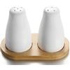 UDQYQ Set di saliera e pepe in ceramica con vassoio in bambù, 2 pezzi moderno bianco sale e pepe, graziosi vasi saliera per cucina di campagna, decorazione da tavolo
