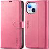 TUCCH Custodia per iPhone 15, Cover Pelle Sintetica TPU Antiurto Stand [Blocco RFID] Portafoglio Slot Schede Cover a Libro Protezione Integrale Compatibile con iPhone 15 5G (6,1, 2023) - Rosa Vif