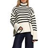 Feziakuk Maglione a collo alto, da donna, a righe, a maglia grossa, oversize, caldo, vintage, casual, con spacco laterale, bianco, S