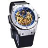 Forsining Orologio da uomo automatico a carica automatica con cinturino in silicone nero retrò scheletro fase lunare grande quadrante meccanico orologio da polso, Argento