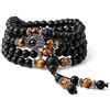 COAI Bracciale Collana 108 Perle Mala in Onice Opaco con Inserti in Occhio di Tigre Marrone e Amuleto Mano di Fatima in Argento Vintage