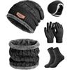 heekpek Set Cappello Guanti Sciarpa Scaldaorecchie e Calzini Uomo Invernale Berretto in Maglia con Sciarpa Morbido Caldo Outdoor Invernali Set da 5 Pezzi per Uomo, Nero