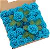 DuHouse 25 rose artificiali con steli veri fiori in schiuma per bouquet di nozze fai da te, centrotavola per feste e feste e decorazioni per la casa (blu medio)