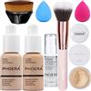 Hilareco PHOERA Fondotinta coprente completo, set trucco PHOERA, con primer, cipria, pennelli trucco Kabuki, pennello per cipria, 2 spugne per trucco (102+104/Nude+Buff Beige, 30 g (Confezione da 1))