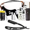 BARBER TOOLS Kit Rasoio da barba uomo / rasoio a mano libera per la barba - con 50 lame singole + pettine guida + gel da barba trasparente da 80 ml + dopobarba da 30 ml + stick di allume + grande borsa - NERO -