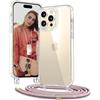 OLEPHY Trasparente Cover con Cordino per iPhone 15 Pro Max 6,7'', Oro Rosa | Custodia con Regolabile e Rimovibile Collana, Protezione Completa [Antiurto] [AntiGraffio] Case con Laccio Tracolla,