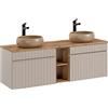 Muebles Slavic Iconic Cashmere, mobile per lavabo doppio, 140 cm, mobile per lavabo sospeso, piano rovere, colore beige (con piano di lavoro)
