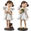 DRW Set di 2 angioletti con riccioli in Piedi con Candela e Fiore 21 cm, Resina, Bianco