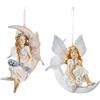 DRW Set di 2 fate su luna per appendere in resina dipinta a mano, 6 x 14 x 14 cm