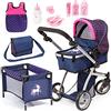 Bayer Design 18354AC Set di Carrozzina per Bambole, Passeggino Jogger Giocattolo, regolabile in altezza, Mega Set di accessori con borsa e molto altro, blu, unicorno
