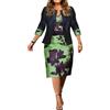 shownicer Vestito Due Pezzi Donna Elegante Bodycon Vestiti Maniche 3/4 Stampe Abiti al Ginocchio Taglie Forti Vestiti da Festa Cerimonia Cocktail B Verde M