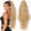 PORSMEER Coda di cavallo Extension 75cm con cordoncino, ricci e onde, coda di cavallo misto biondo platino e biondo naturale, clip-in, per capelli sintetici, per donna, afro, estensione dei capelli