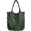 Modarno Borsa shopper da donna in vera pelle scamosciata con frangia più custodia per gioielli dello stesso colore - Borsa a mano - Borsa a spalla (Verde Notte)