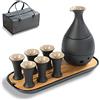 TEANAGOO Set da Sake Tradizionale Giapponese, Caraffa da Sake (170 ML) con 6 Tazze da Sake (25 ML) per Liquore Soju Giapponese Caldo o Freddo con Set di Vassoi Bambo da Portata 10 pz/set