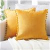 Topfinel Federe Cuscini in Velluto per Divano,Copricuscini Arredo Casa Moderni con Pom Poms,Fodere Cuscino in Tinta Unita Eleganti per Camera da Letto Salotto Sedia,2 Pezzi,50x50CM,Giallo