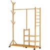 Yorbay Appendiabiti in bambù con Ruote,con 3 Ripiani e 6 Gancio ad Albero,176x100x38 cm, per Vestiti,Cappelli,Borse e Scatola per Scarpe (Naturale)