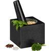 Relaxdays Mortaio & Pestello in Granito, Robusto & Resistente, Erbe Aromatiche, Quadrato, V 250 ml, 9,5x11x11cm, grigio