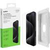 Belkin ScreenForce TemperedGlass Proteggi schermo antimicrobico, pellicola protettiva, vetro temprato per iPhone 15 Pro, trasparente, antigraffio, include supporto per un'applicazione senza bolle