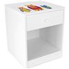 Leomark comodino moderno in legno 40cm x 38cm x 42cm (A), con cassetto e scompartimento apertoin, comodino per bambini, mobili per la cameretta dei bambini con stampa colorata Gufi