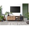 Muebles Pitarch | Mobile TV con gambe, 2 ante, scaffale, 2 cassetti, mobile TV industriale, nero e rovere gold, 55x180x40 cm, modulo salotto, moderno, modello París