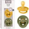 BIBS Colour Ciuccio confezione da 2 pezzi. Privo di BPA, Tettarella tonda. Lattice di gomma naturale, Misura 1 (0-6 mesi), Honey Bee/Olive