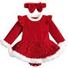 Geagodelia 2 Pezzi Completo Neonata di Natale Tutina Baby Girls Abito Rosso con Manica Lunga+ Fascia con Fiocco Abito Natalizio per Bambina 0-24 Mesi (Rosso A, 12-18 Mesi)